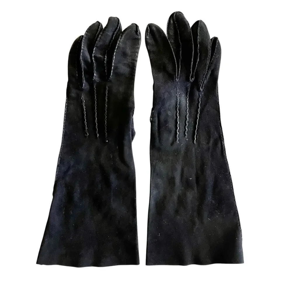 Vintage Leather-Tailored Black Fabric Forearm Long Evening Gloves Size 7